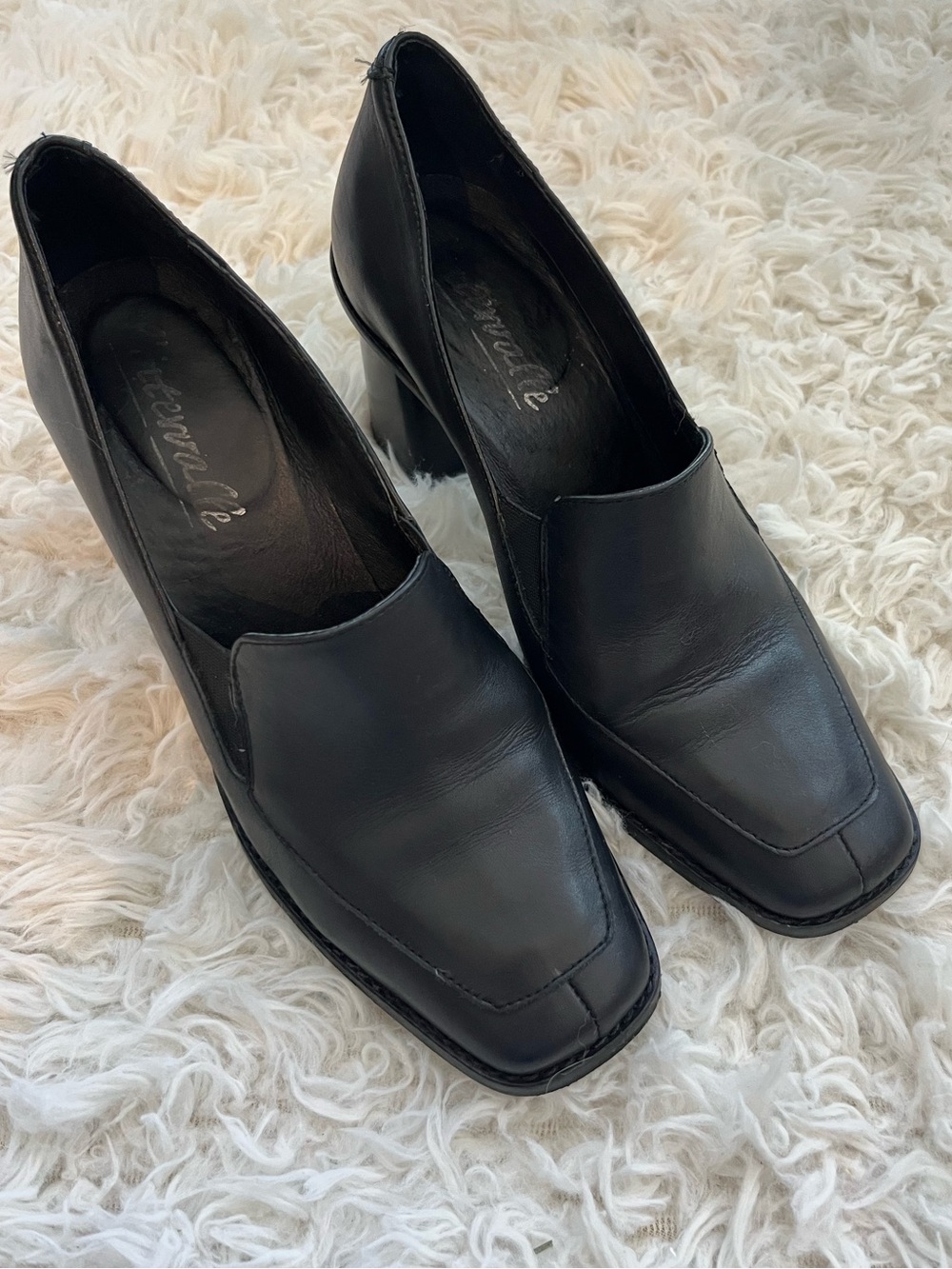 Intervalle Black Leather Square Toe Block Heel Shoes Size 38